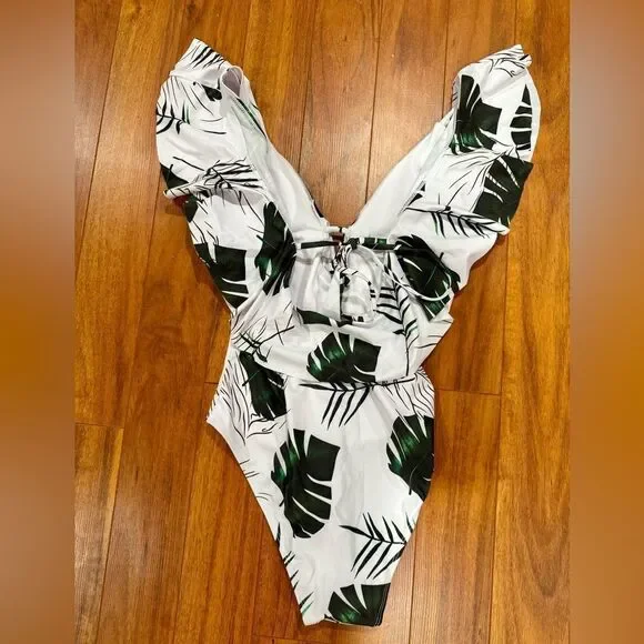 SPORLIKE Women One Piece V-Neck Ruffle Bathing Suit NWOT - Picture 4 of 6